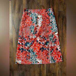 Floral Midi Skirt Button Front A-Line Red Daisy Print Boho Summer Skirt L